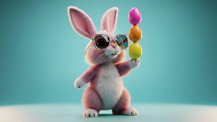 Cute pink bunny with sunglasses holding Easter eggs vector illustration