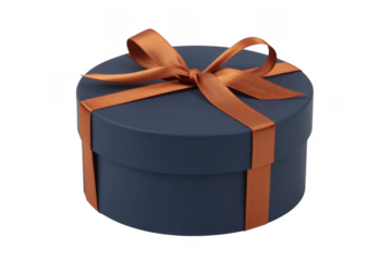Navy blue gift box with orange ribbon present wrapping isolated on a transparent background