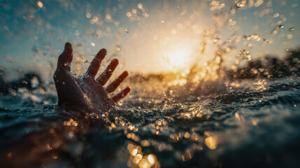 A human hand reaching out from turbulent water at sunset with droplets sparkling in dramatic golden light symbolizing struggle and hope in nature's power
