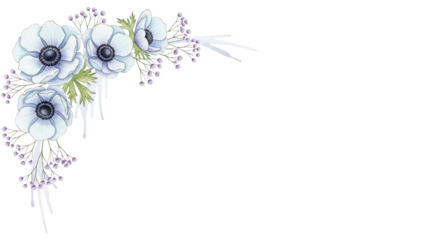 Minimal elegant watercolor corner design featuring anemones and baby's breath in pastel blue and lavender isolated on white background