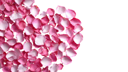 Falling pink rose petals romantic decoration on transparent background aerial shot