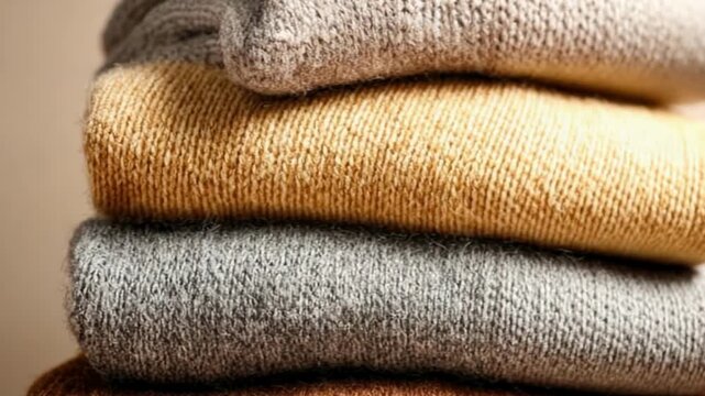 Stacked cozy wool sweaters in warm beige, yellow, gray, rust tones soft texture closeup autumn winter fashion textiles