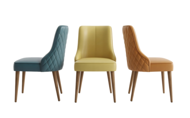 Three colorful modern upholstered dining chairs with unique quilted backs and slender wooden legs displayed, isolated on transparent background