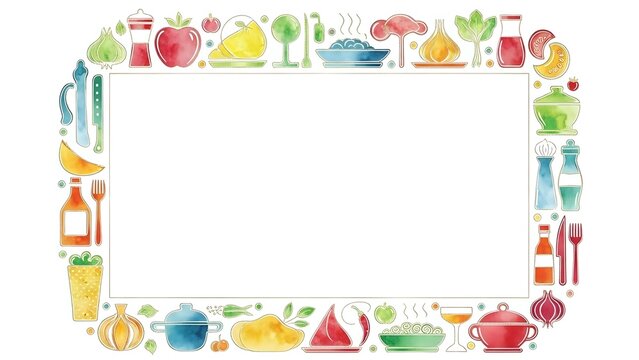 Colorful kitchen utensils and food items frame border on white background. Cooking tools, fruits, vegetables create decorative rectangular space for text.