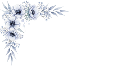Minimal elegant watercolor corner design featuring anemones and baby's breath in pastel blue and lavender isolated on white background