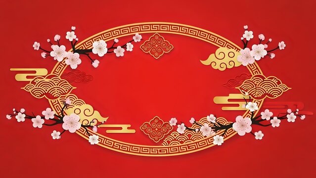 Asian lunar new year celebration background with golden ornamental frame, blooming sakura flowers and traditional cloud motifs on vibrant red backdrop.