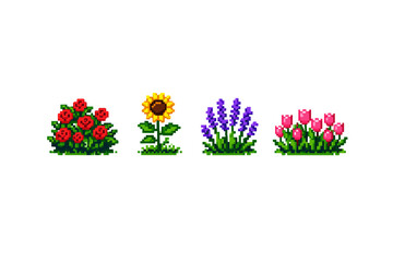 Pixel art collection of four distinct flower bushes on a white background