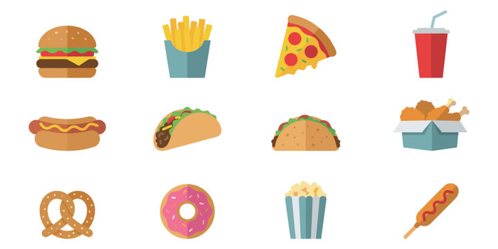 Fast food icon set. Burgers, drinks, snacks, and more in icon. Vector Illustration.