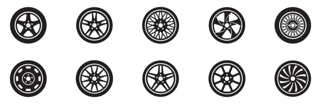 Car wheel icon set. Car rims icon. Auto tire collection. Car tyre set. Vector Illustration. EPS 10	
