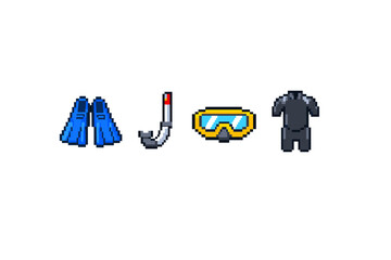 Naklejka premium Pixel art diving equipment set: fins, snorkel, mask, and wetsuit for underwater adventures