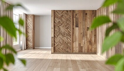Modern interior with vertical woven panel on rustic wood wall, diagonal plank floor, and blurred green plants.