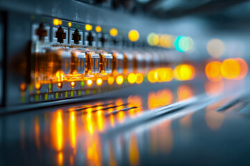 Network switch with illuminated ports glowing in a dimly lit server room reflecting vibrant lights on metallic surface showing modern connectivity technology