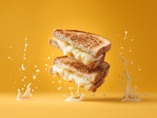 Melted cheese sandwich on yellow background: A mouthwatering, perfectly grilled cheese sandwich, with melted, gooey cheese oozing out, artfully captured against a vibrant yellow backdrop.