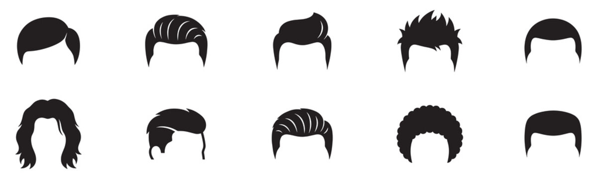 Male hairstyle icon set on head. Collection of black vector graphics for men's haircuts and avatar creation. Vector Illustration.