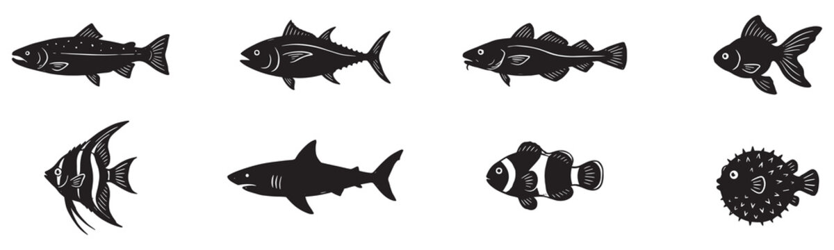 Set of cs, vector illustration. Black fish silhouettes on white background. Vector Illustration. EPS 10