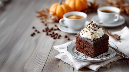 Autumn Cafe Delight: A serene moment captured with an exquisite slice of cake, paired perfectly with a steaming cup of coffee and autumn's embrace of pumpkin.