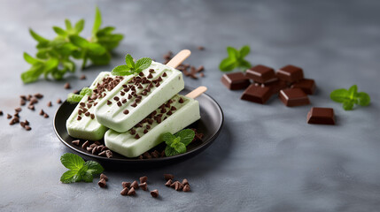 Summer Sweetness: A refreshing close-up of mint ice pops, studded with chocolate chips, and arranged on a black plate, offering a delightful treat on a warm day.