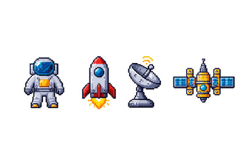 Naklejka premium Pixel art icons of astronaut, rocket, satellite dish, and spacecraft in a row