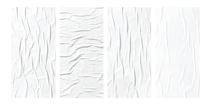 Set of four realistic crumpled white paper textures with creases and wrinkles