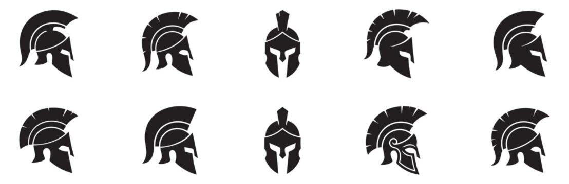 Ancient warrior helmet silhouette icon set. Ancient greek spartan helmet icon. Vector Illustration.