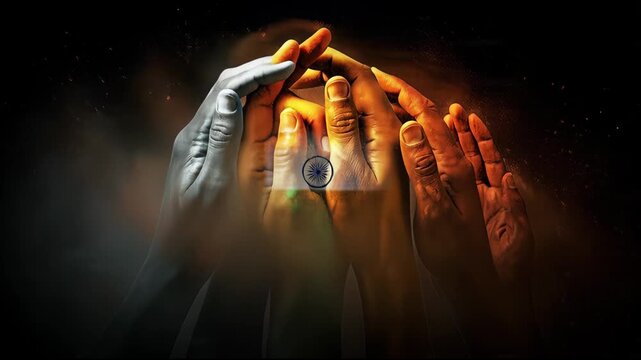 Close-up shot of multiple hands cupped together in prayer or supplication with warm lighting and a dark background conveying a sense of hope and unity.