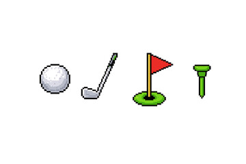 Pixel art golf icons: ball, club, hole with flag, and tee on white background