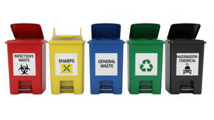 Colorful waste management bins for different types of trash
