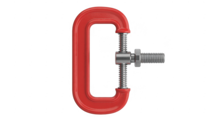 Red C clamp with silver screw and bolt metal clamp isolated on a transparent background