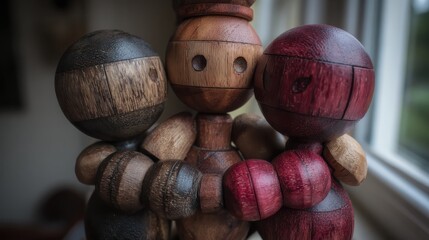 diverse group of wooden figurines coming together in a collaborative and welcoming environment for a charity event promotion