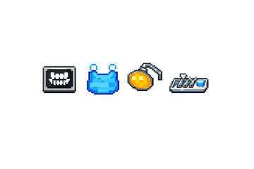 Pixel art icons of dental care, baby bib, shower head, and dental tray