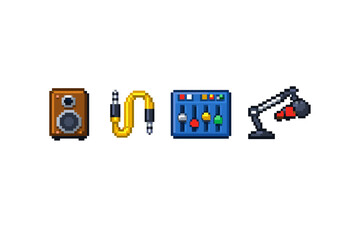 Pixel art icons of audio equipment for music production and broadcasting