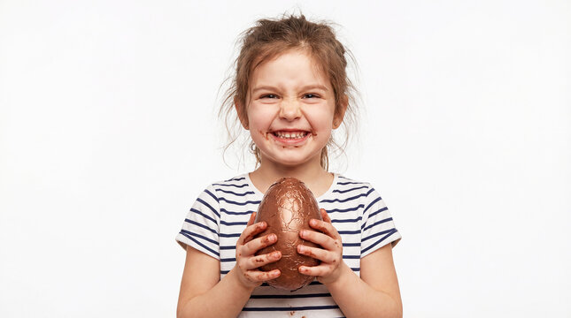 Portrait of a happy beautiful child with a chocolate easter egg in his hands
