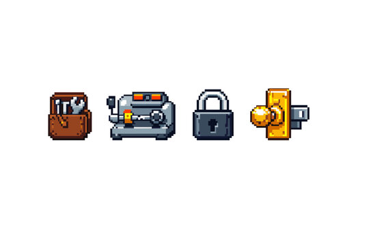 Pixel art icons of a toolbox, key cutting machine, padlock, and doorknob