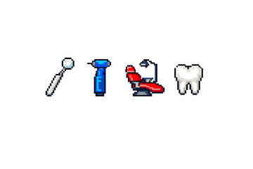 Pixel art dental tools and tooth icon set for oral hygiene and dental care