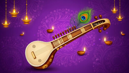 Naklejka premium Traditional indian string instrument with decorative lamps