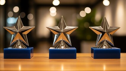 Three Metallic Star Trophies on Blue Cubes on a Wooden Table