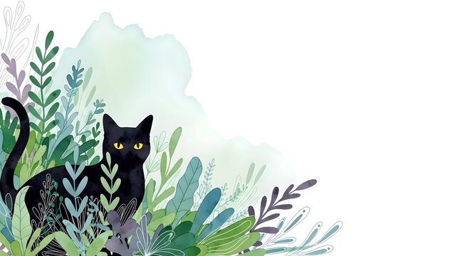 Black cat silhouette surrounded by watercolor botanical elements and foliage on white background for nature-themed designs and pet lover projects.