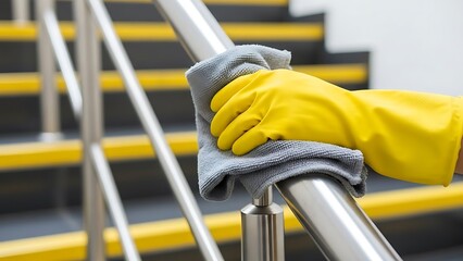Person Wearing Yellow Gloves Cleaning Metal Handrail with Gray Cloth