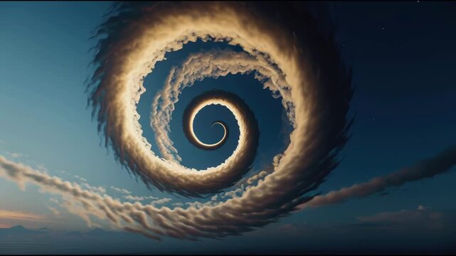 Whical Spiral Sky Formation Featu Circular Cloud Pattern with Sunset Atmosphere and Clear Blue Sky Creating a Surreal Natural Art Scene. Surreal Spiral Cloud Formation at Sunset &ndash; Animated Video