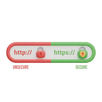 3d illustration comparing http (unsecure) and https (secure) website protocols, with lock icons for cybersecurity and web safety concepts