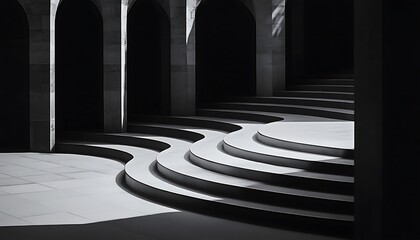 Dramatic monochromatic curved staircase leading upwards under arched passageway