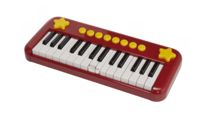 Red toy keyboard with yellow stars isolated on a transparent background