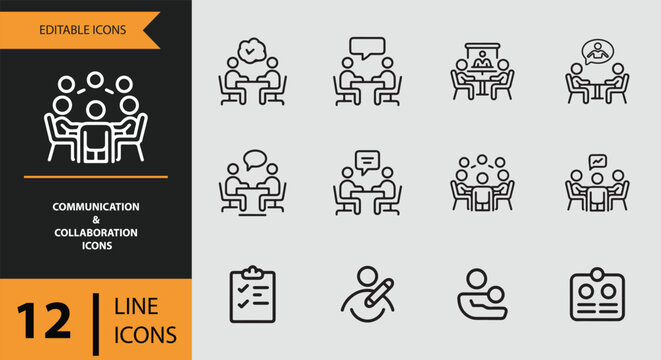 Modern set of editable line icons representing essential communication, collaboration, and teamwork