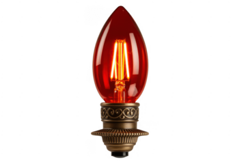 Red vintage style light bulb with brass base red light bulb isolated on a transparent background
