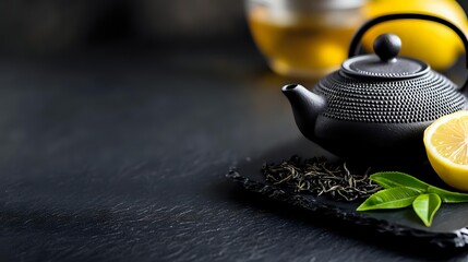Traditional cast iron teapot with loose tea leaves and lemon slice on dark slate surface for authentic brewing ceremony and relaxation moments.