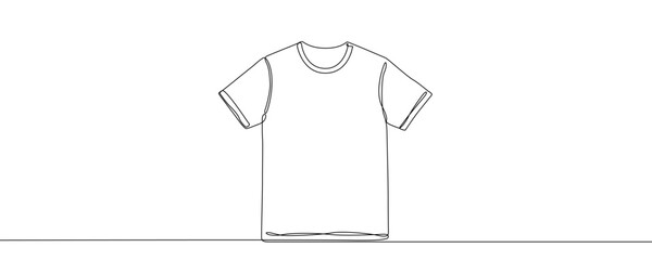 Classic t-shirt with short sleeves and a round neckline. Drawing in one line art style with editable black stroke on a white background. Vector illustration.