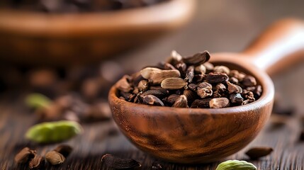 Aromatic whole spices including cardamom pods, cloves, and peppercorns displayed in rustic wooden bowls on textured surface for culinary cooking applications.