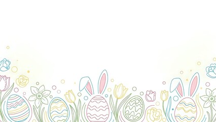 Pastel Easter border with decorated eggs, bunny ears and spring flowers on white background for greeting cards and seasonal designs.