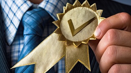 a successful businessman proudly displaying a shimmering golden award ribbon adorned with a checkmark emblem symbolizing achievement and recognition in the corporate world