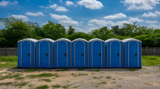 Row of blue portable toilets installed outdoors for public sanitation use
